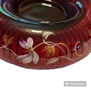 Vintage Fenton art glass Rolled edge plum bowl hand painted by Johnson.